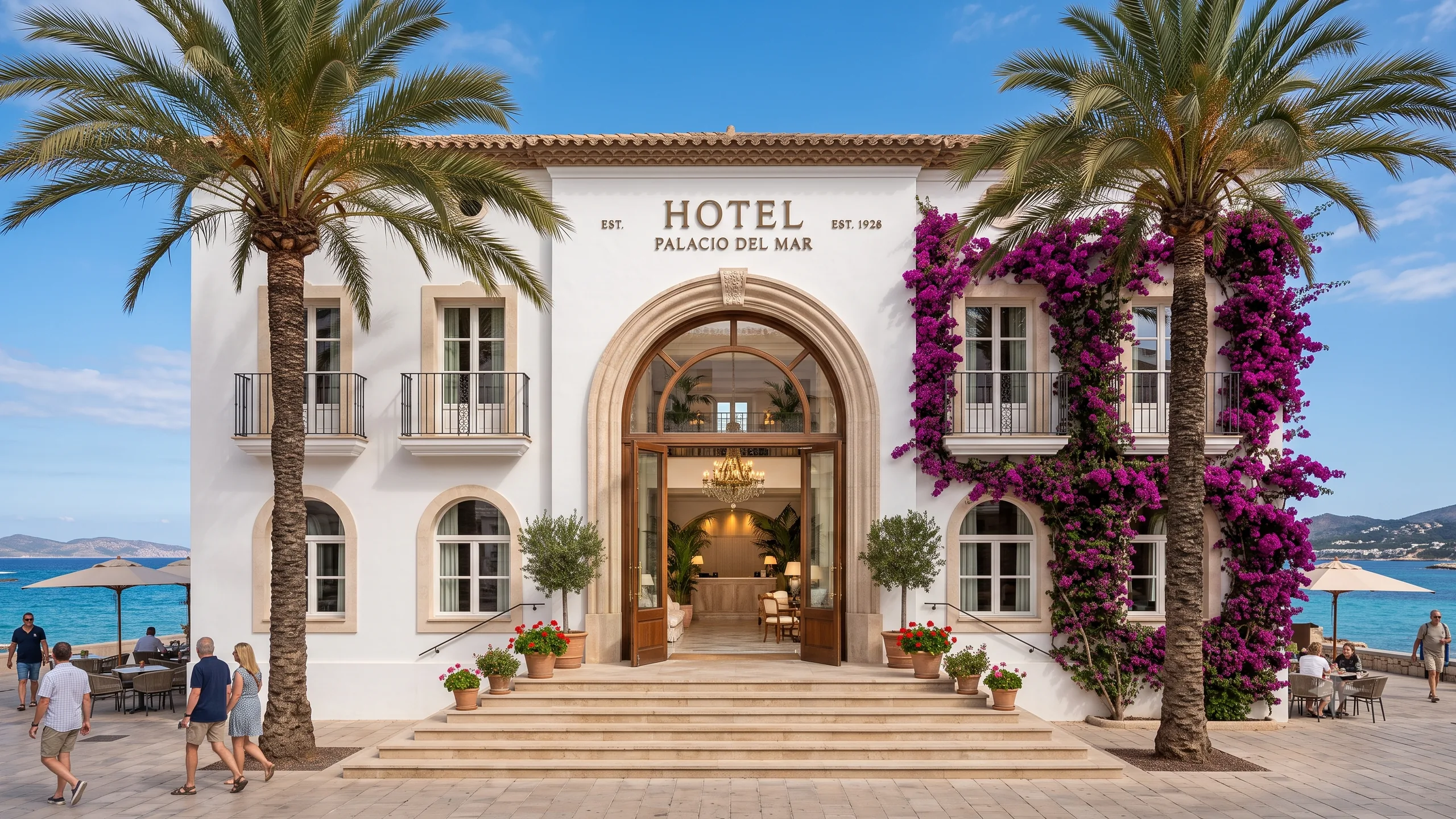 Fachada del Hotel Palacio del Mar, un palacete blanco frente al mar